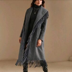 Women's Winter Fringed Decorated Oversized Lapel Melton Jacket, New Year Outfit